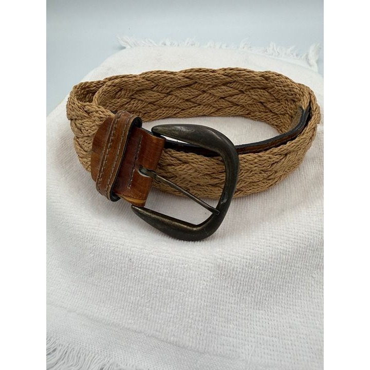 Women's Braided Rope Belt W/Leather Trim And Brass Buckle Sz. 32, Lt. Brown Guc